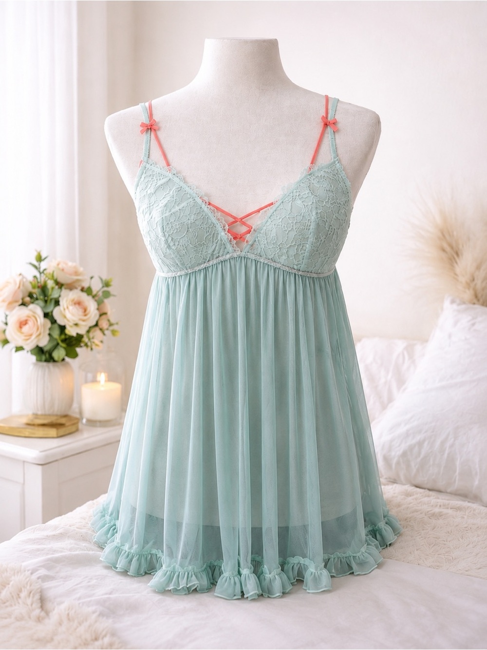 Victoria's Secret Mint Green and Coral Chemise